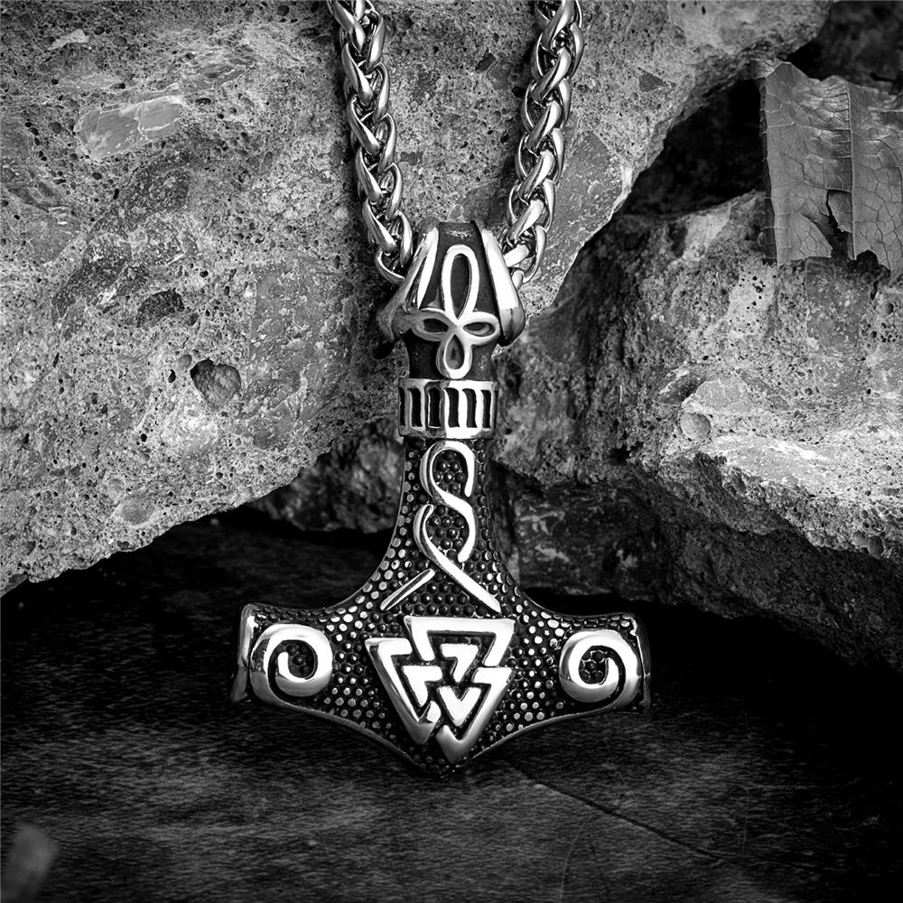 Vikings Thors Hammer Necklace Stainless Steel Double Sided Pendant Norse Amulet Men Vintage Jewelry