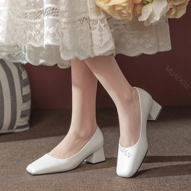 Fashion 2025 New Spring Heels Women Square Head Shallow Mouth Soft Leather Pumps Fashion Solid Office 5.5cm Thick Heeled Ladies Shoes