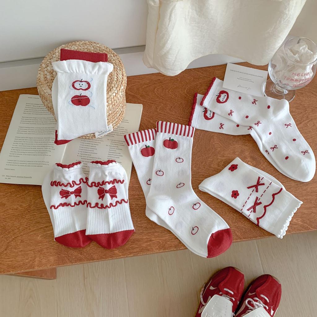 Bow Socks Mid-Leg Socks Trendy Summer Thin Korean Cartoon Red Apple Cotton Stacked Stockings