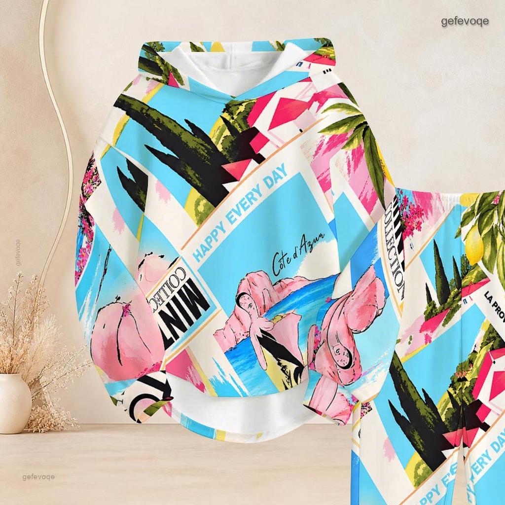 Women Plus Size Blue Pink White Printed Two Piece Set Long Sleeve Hooded Top Cuffed Pants