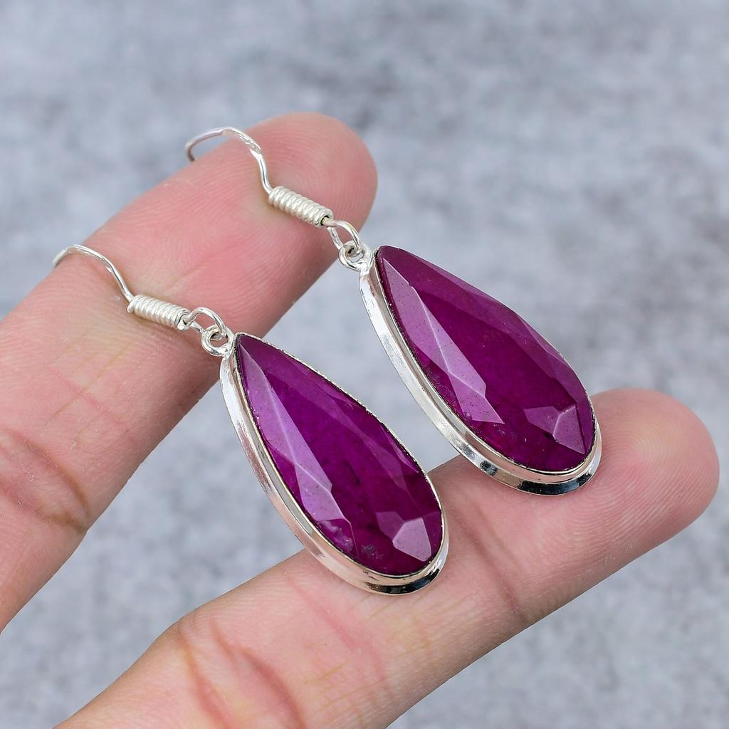 Red Jade Gemstone Handmade 925 Sterling Silver Jewelry Earring 2.36" M-356