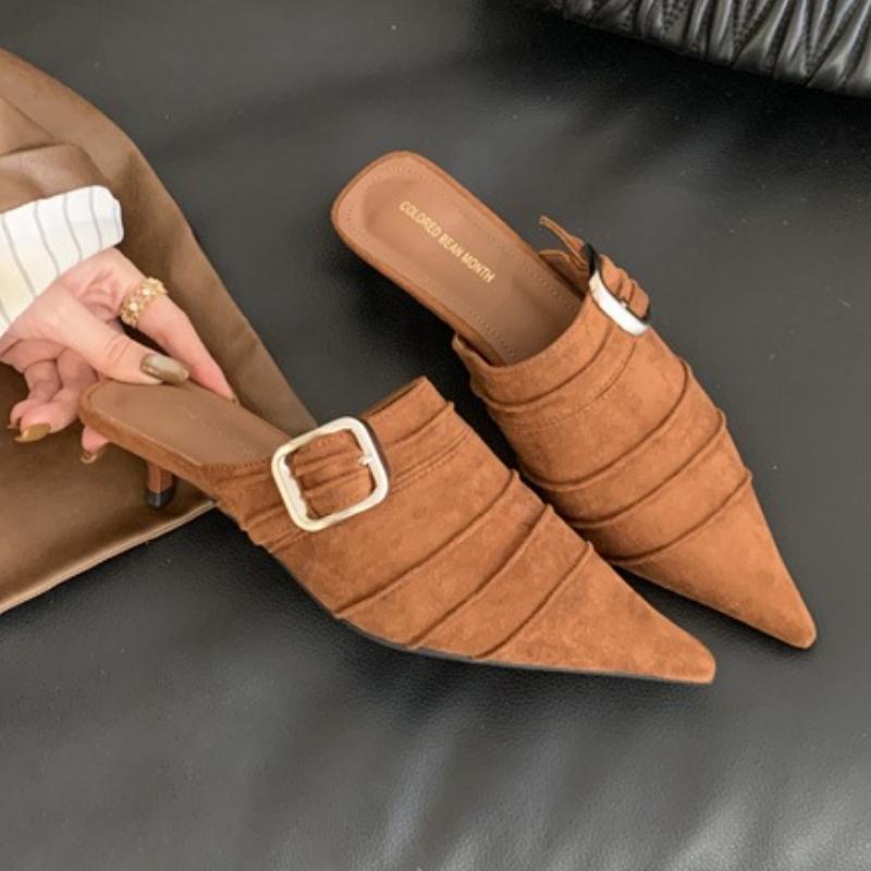 

Сексуальные остроносые плиссированные туфли-лодочки на kitten heel с пряжкой на ремешке, женские мюли без задника, элегантные туфли для банкетной вечеринки 35 коричневый