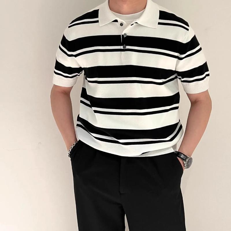 Summer Men Black White Striped Knit Casual Polo Shirt