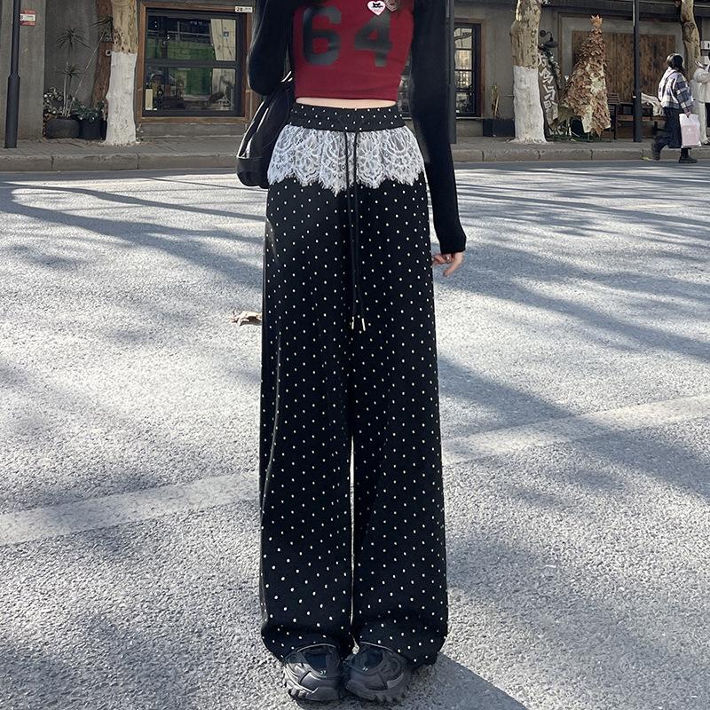 Polka Dot Wide-leg Pants Women's Spring Elastic Waist Drape Loose Straight Casual Pants