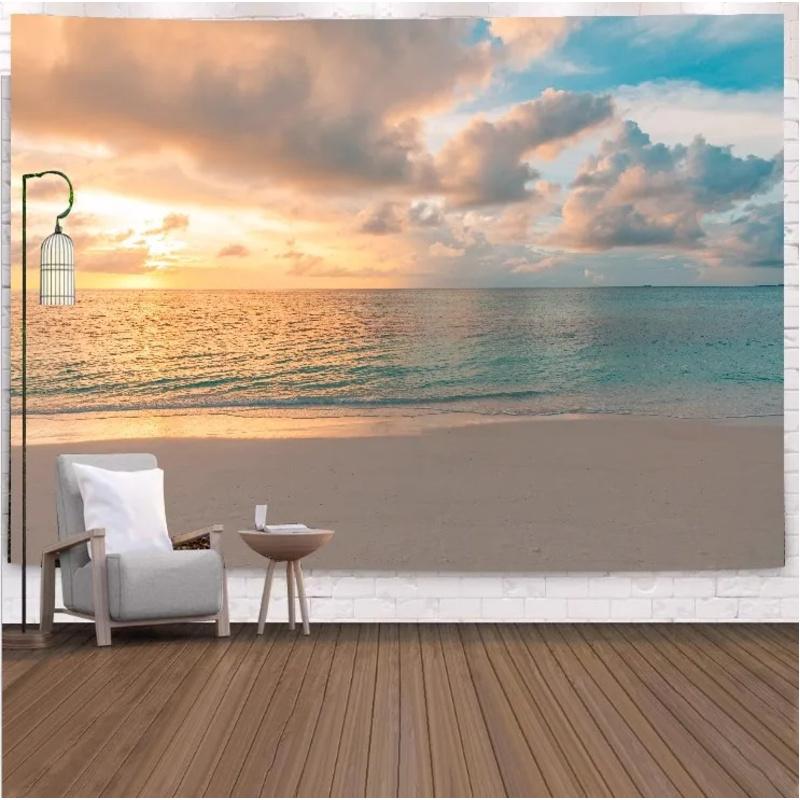 VIKAMA Tropical Beach Landscape Tapestry Summer Coconut Grove Waves Fresh Vacation Style Living Room Room Decoration