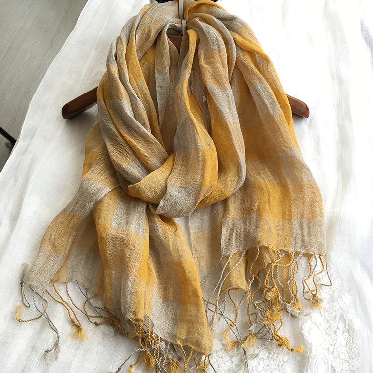 Yellow Plaid Linen Scarf Thin Versatile Shawl Summer Japanese Women'S Sunscreen Silk Scarf