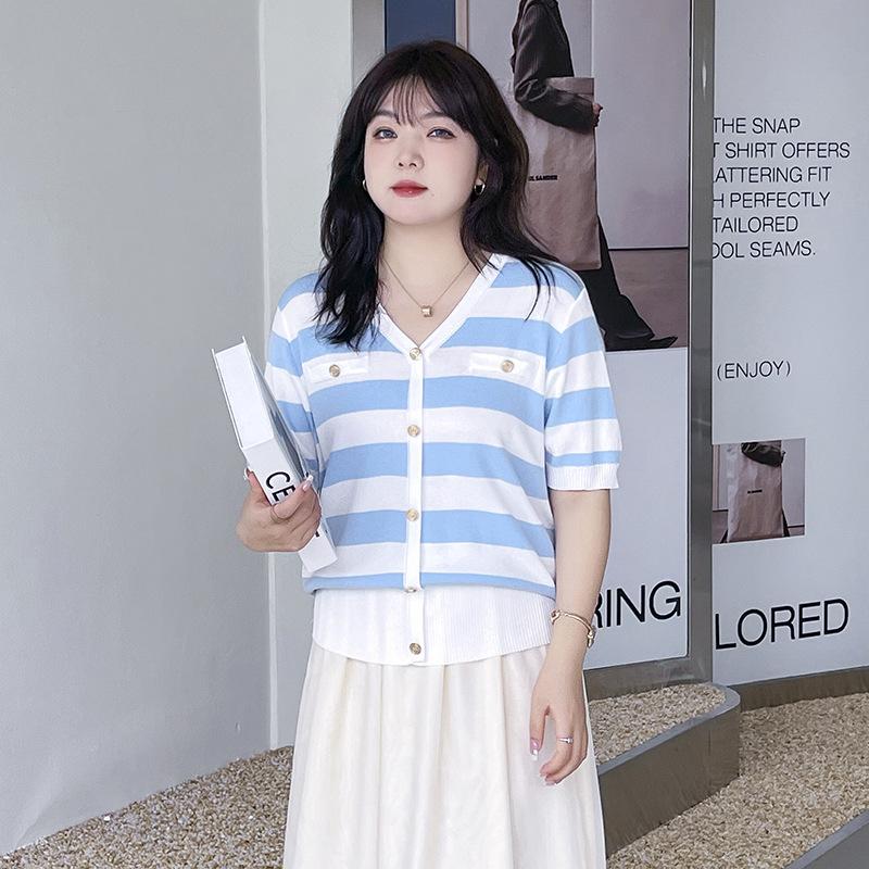 Sommer Damen T-Shirt Plus Size Eisseide Atmungsaktive Abdeckung Bauch Strickshirt Gestreifte Dünnschliff V-Ausschnitt Kurzarmbluse