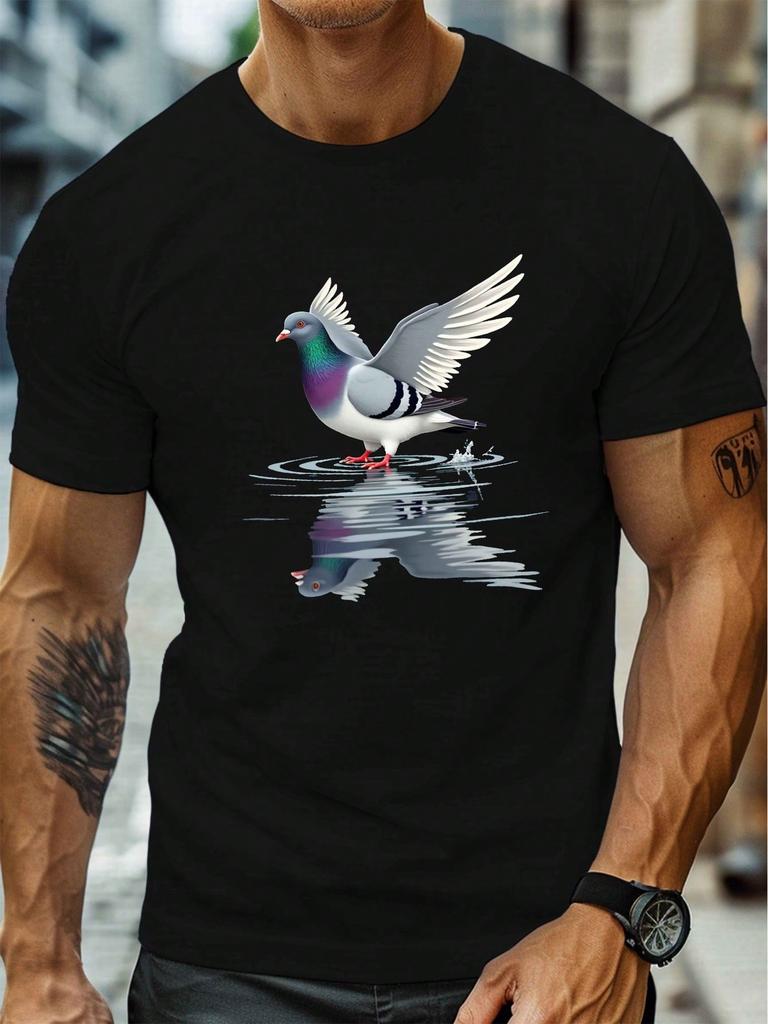 Reflection detailed pigeon illustration Print MenS Round Crew Neck Short Sleeve Tee casual T ShirtCasual Comfy lightweight