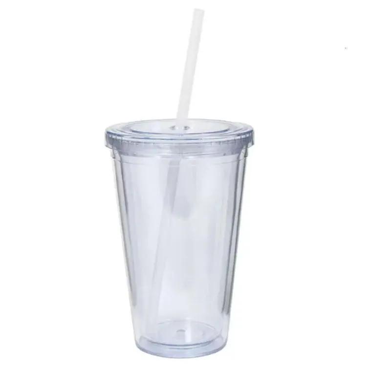 Drinking Acrylic 16oz Wall Tumblers Clear Double Plastic Juice Cup With Lid And Straw Coffee Mug Diy Transparent Mugs YLE026