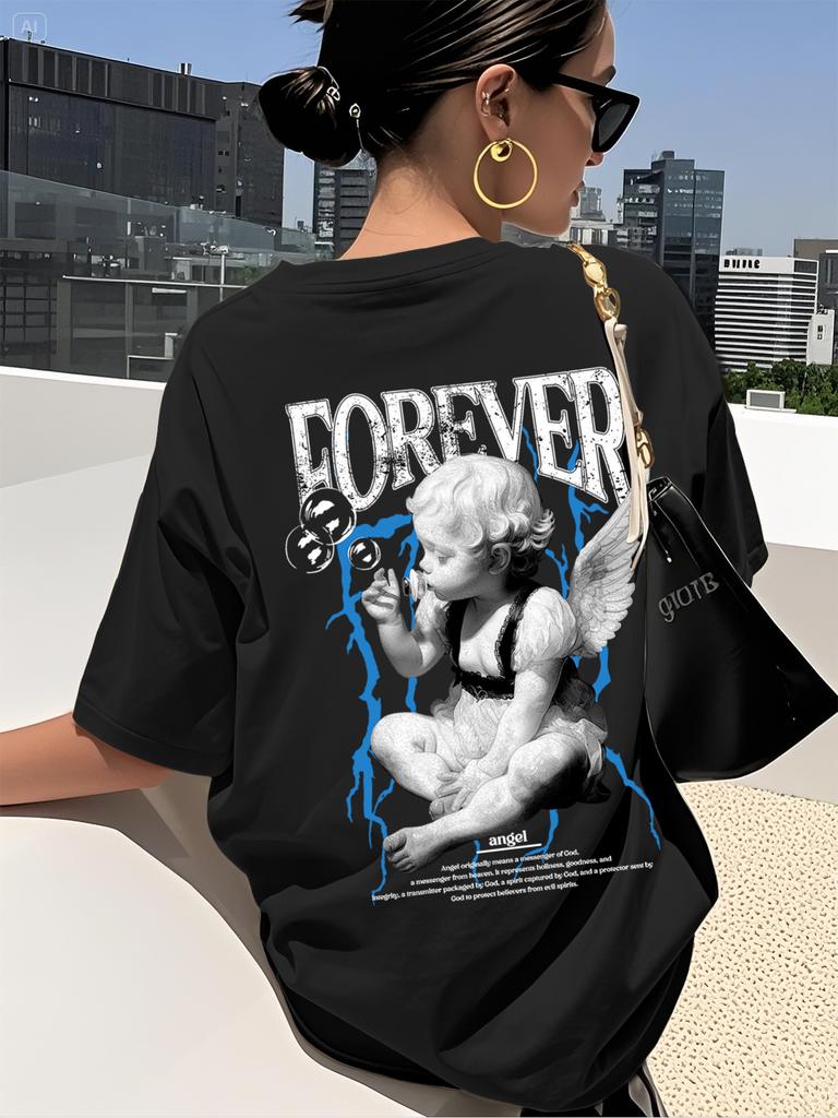 WomenS YK Casual Outdoor ShortSleeve TShirt Featuring A Angel Design with Letter Prints