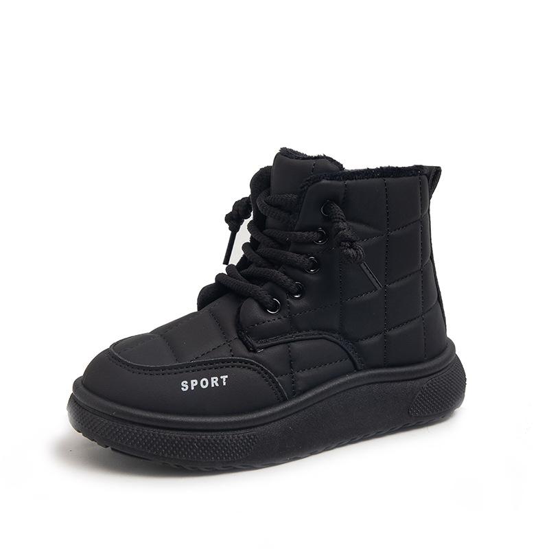 

Зимние детские ботинки 2025 года, мягкие зимние ботинки, теплые хлопковые ботинки, высокие, со шнуровкой и боковой молнией, нескользящие уличные ботинки для девочек 27 чёрный