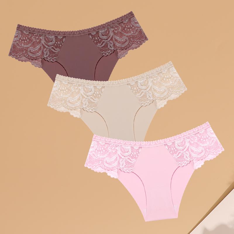 3 Stück Nahtlose Damen Komfort Unterwäsche Sexy Spitze Aushöhlte Slips Mädchen Hüfttief Sport Slip Weiche Atmungsaktive Lingerie