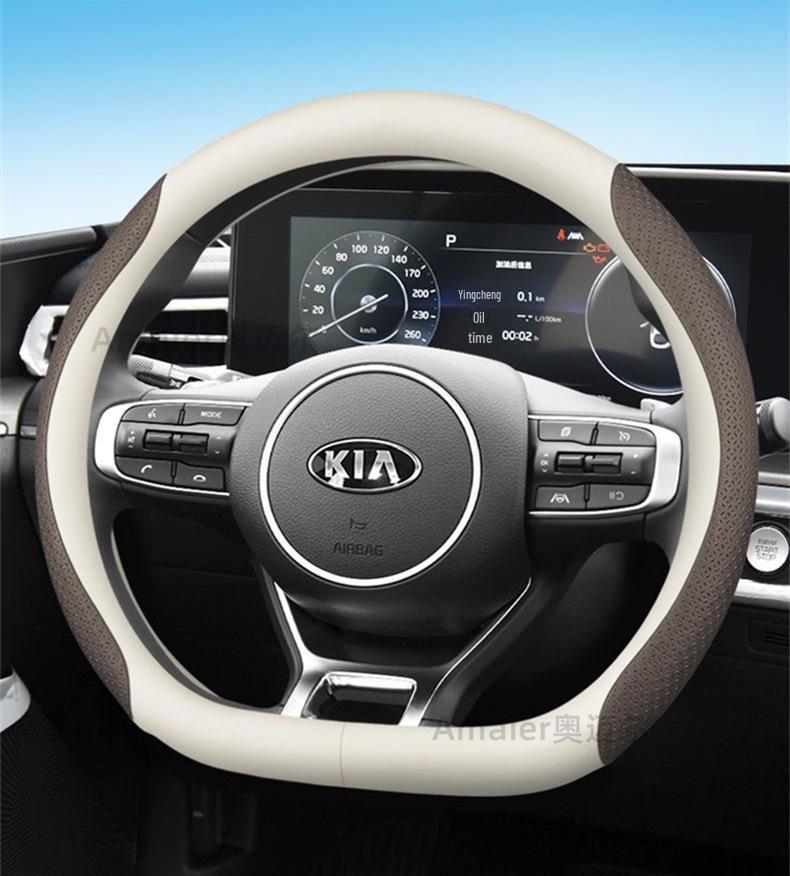 Genuine Leather Steering Wheel Covers for Kia K5, Sportage, K4, K3, Sorento, KX5, KX7, Carnival, and Forte.