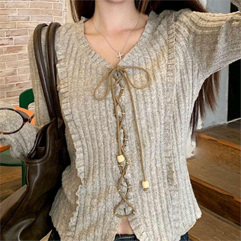 

Women s Autumn Retro Lace-up V-neck Long Sleeve Knit Sweater Top Medium хакі