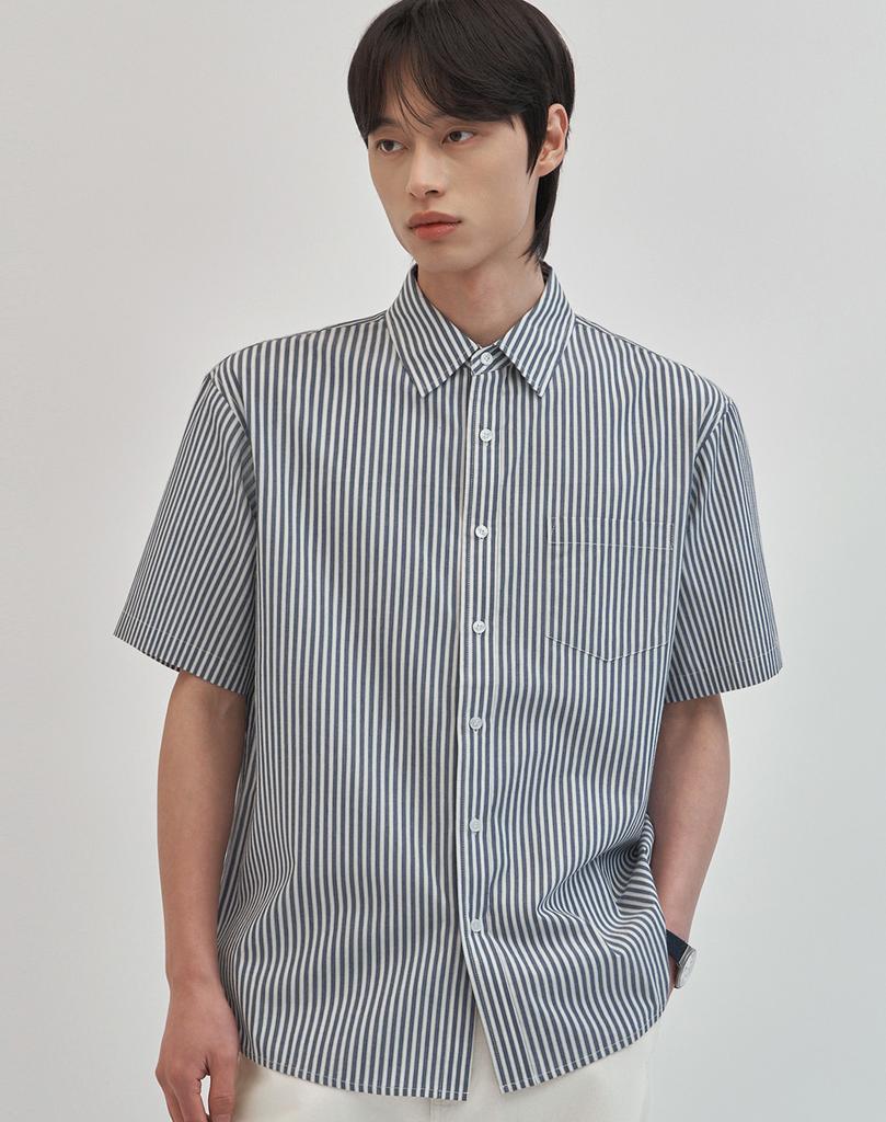WORK ON BODY OFF Linea Semi-Overfit Striped Short Sleeve Shirt [Blue]