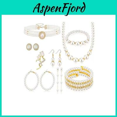 Vintage Chic Artificial Pearl Necklace And Earrings Set For Party Wear With Geometric Design