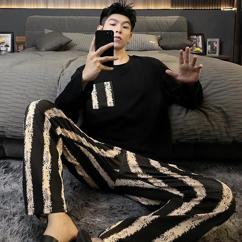 Baumwolle Herren Pullover Nachtwäsche Herbst Frühling Langarm Nachtwäsche 2 Stück Pyjamas Set Männlich