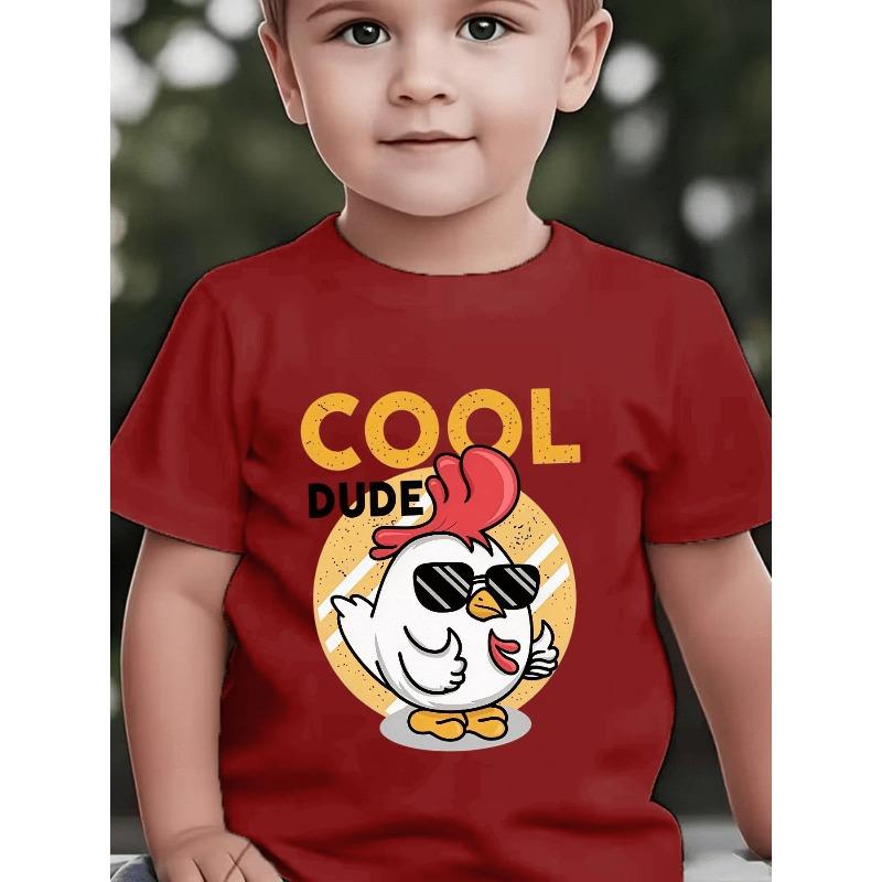 Europäische Größen Baby Kurzarm Cartoon Cooles Hühnermuster Lustiger Druck Mode Trendig Sommer Vielseitig Rundhals Oberteil Kinder Freizeit T-Shirt