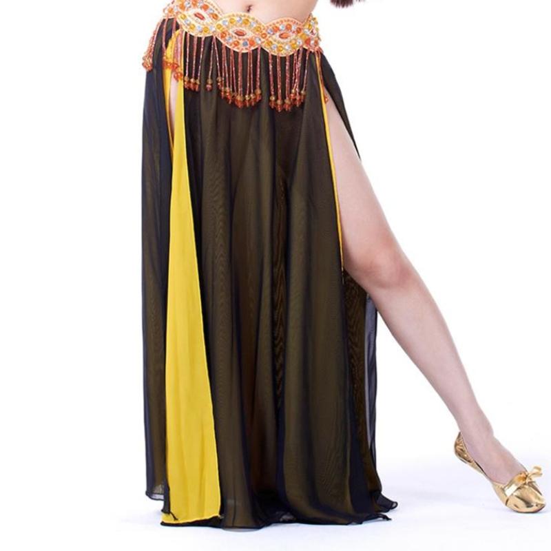 Belly Dance Skirt Double Slits Dance Training Dress Chiffon Long Skirt for Professional and Beginner