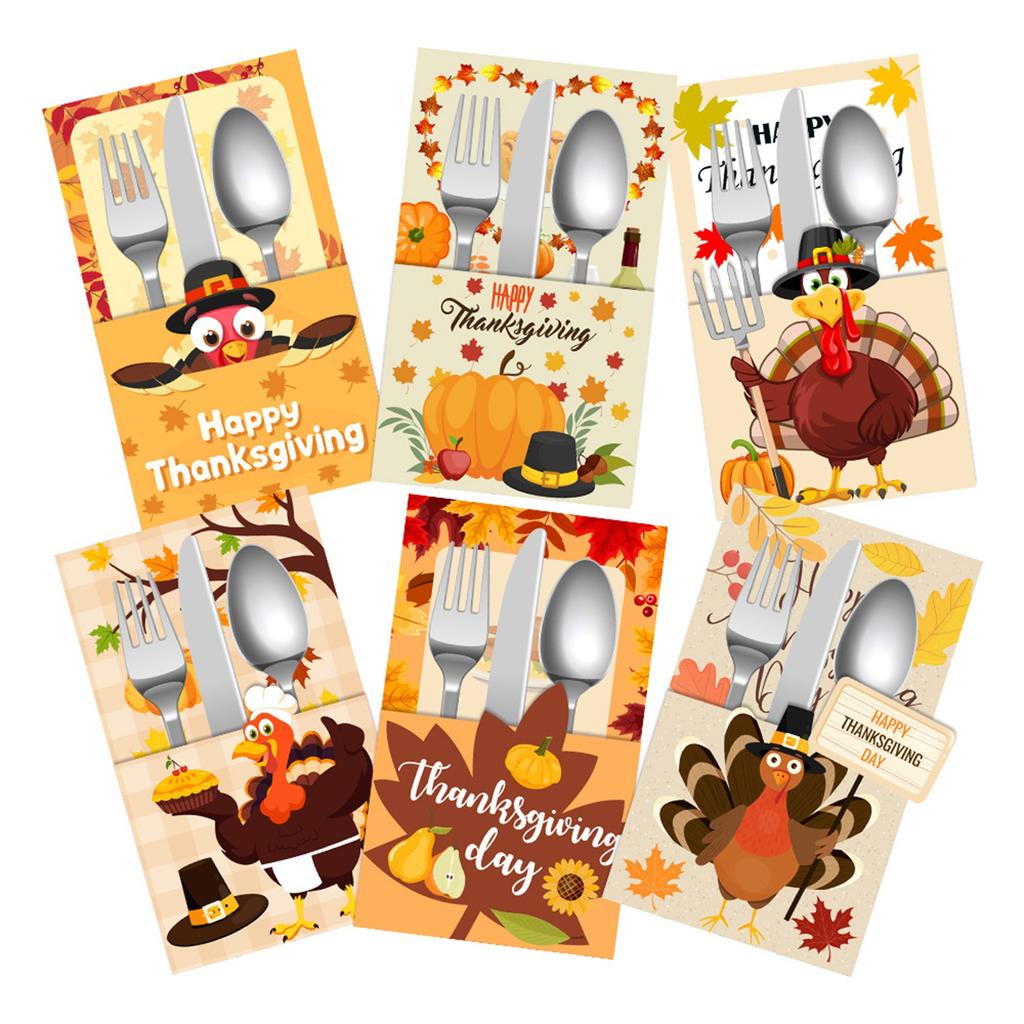 6Pcs Thanksgiving Cutlery Holder Set Fall Thanksgiving Utensil Decor Turkey Cutlery Holders For Party Supplies Autumns Harvests Dinner Table Decor