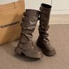 Vintage Belt Buckle Woman Knight Long Boots Fashion Pleated Low Heel Knee High Booties Botas De Inverno Feminina