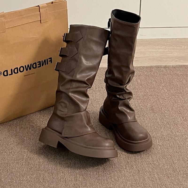 Vintage Belt Buckle Woman Knight Long Boots Fashion Pleated Low Heel Knee High Booties Botas De Inverno Feminina