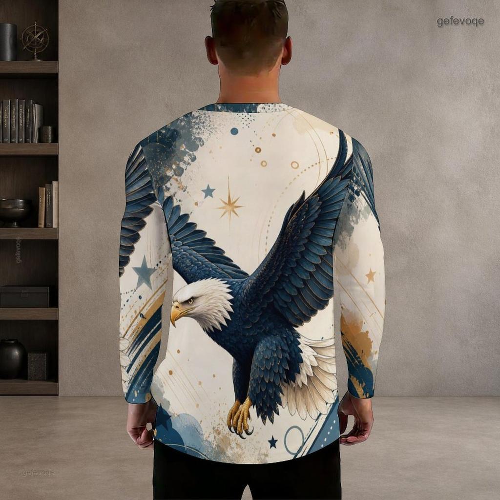 Men Plus Size Round Neck Long Sleeve T Shirt American Eagle Flag Printed Red Blue White Pullover