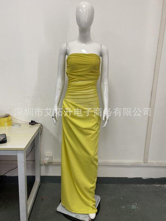 European and American New 2026 Temperament Sexy Solid Color One-word Neck Mesh Waist Slim-fitting Pleated Dress Wholesale