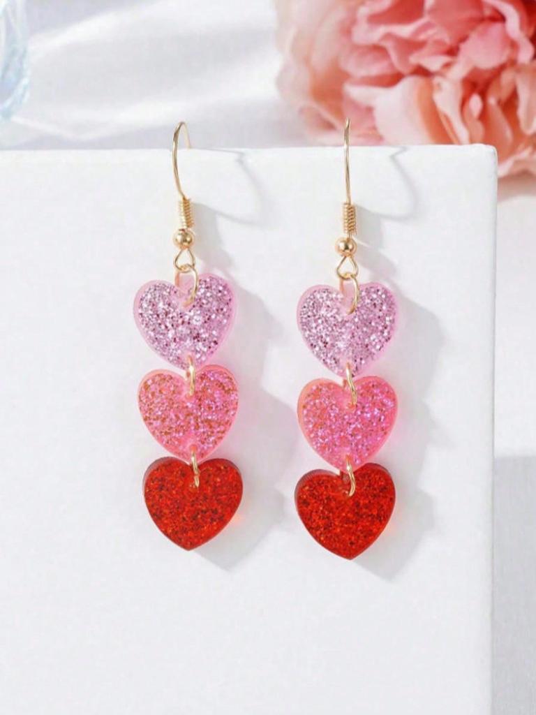 1 Pair Of Heart-Shaped Sweet Pendant Earrings, Valentine'S Day Style Simple And Cute Temperament Ear Accessories