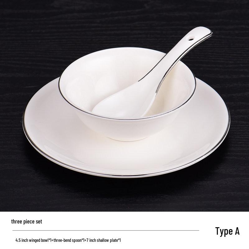 Elegant Ceramic Tableware Set: White with Platinum Rim - Includes Plates, Bowls, and Dishes for Restaurants or Clubhouses, Available in 3 or 4 Pieces