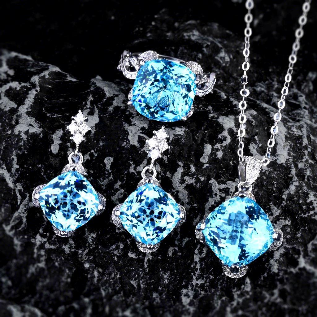 Factory Bestseller Retro Aquamarine Topaz Pendant Set Eco-Friendly Copper Color-Enhanced Zirconia Ring EarringsStylishJewelrySet