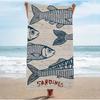 Retro Blå Fisk Skiss Strandhandduk, Stor Mikrofiber Sandfri Snabbtorkande Handduk för Sommarsemester Strandhanddukar Badrum