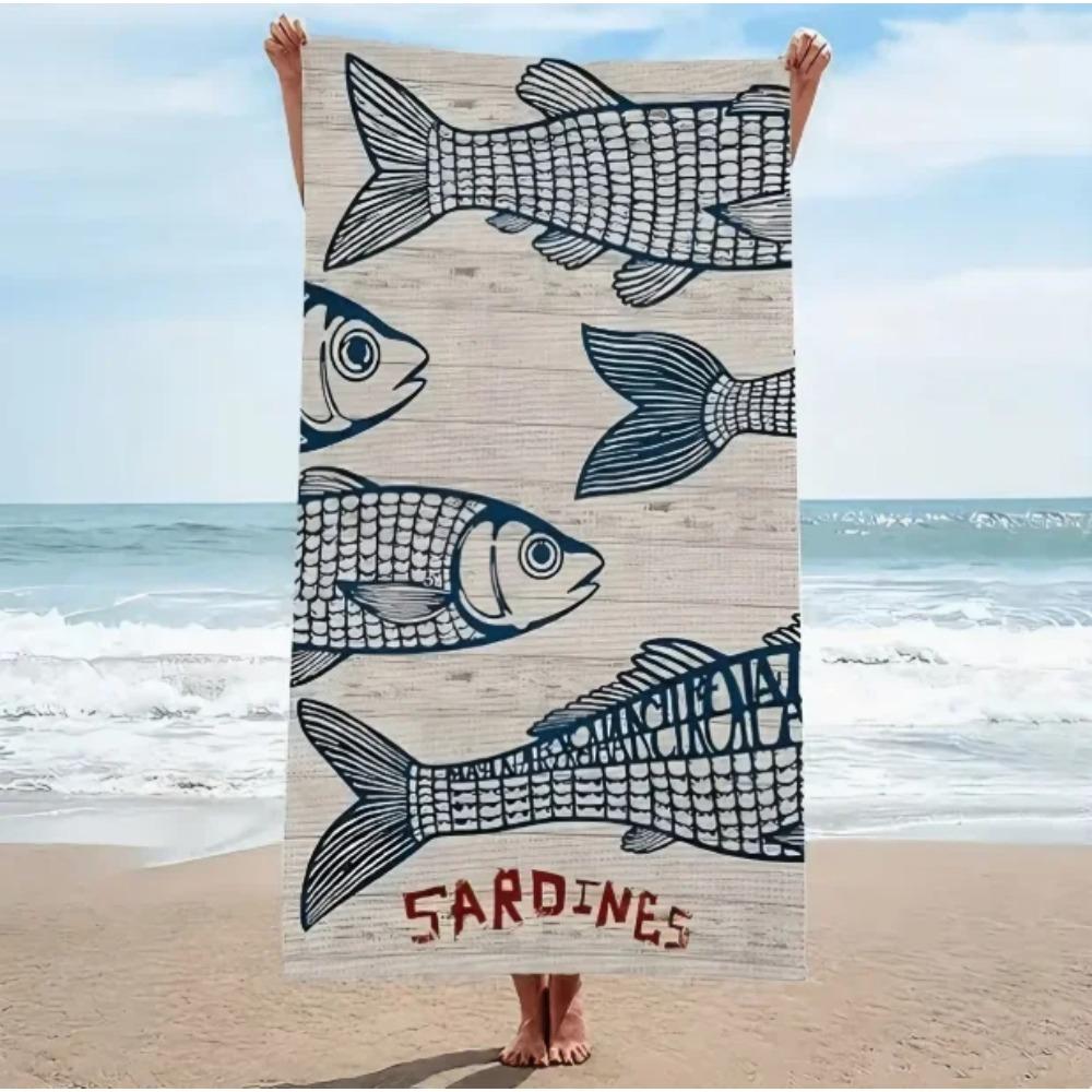 Textilien Blue Retro Fish Sketch Beach Towel, Large Microfiber Sand Free Quick Dry Towel For Summer Vacation Beach Towels Bathroom