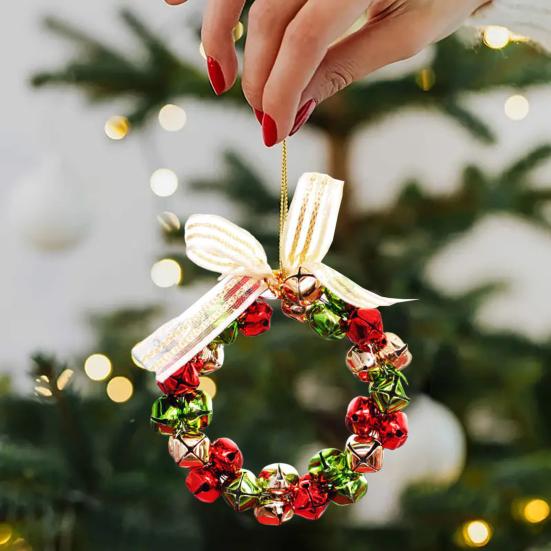Bell Wreath Christmas Beaded Bell Wreath with Bow Small Jingle Bell Garland Ornament for Christmas Home Tree Decor