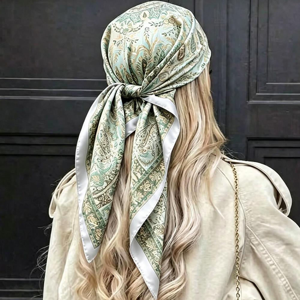 Luxe Satijnen Paisley Print Zijden Sjaal Boheemse Multi-Use Sjaal Bandana Rand Hoofddoek Woon- Werkverkeer Reizen Decoratief groen