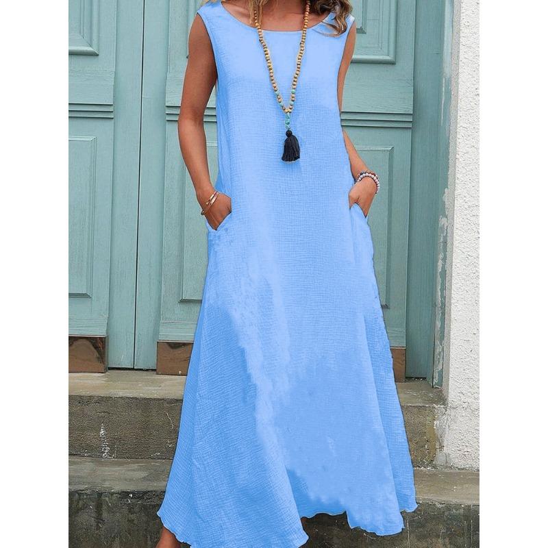 IHUASU Fashion Summer Spring Solid Color Print Sleeveless O-Neck Casual Dresses