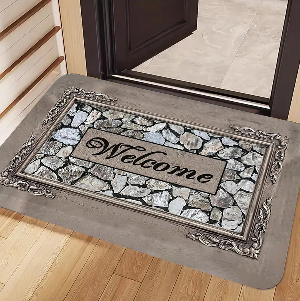 WELCOME Doormat with Stone and Wood Plank Design Non-Slip Entrance Mat for Front Door Home Decor Indoor Outdoor Welcome Rug Gift