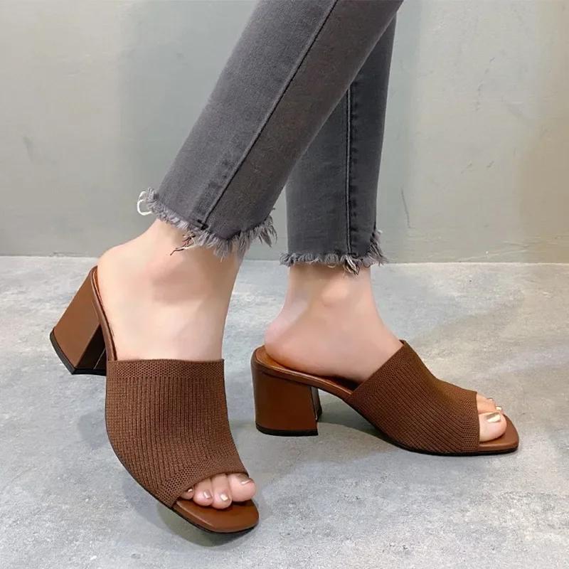Knitting High Heels Slippers Women Shoes Summer Peep Toe Dress Sandals 2024 Fashion New Beach Chunky Walking Zapatos Femme Pumps