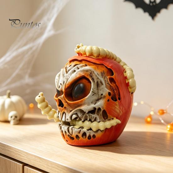 Niche Horror Collection Pieces Halloween Skull Apples Resin Statue, Gothic Spooky Decor with Tabletop Props Worm, Prop for Party Haunted House, Unique