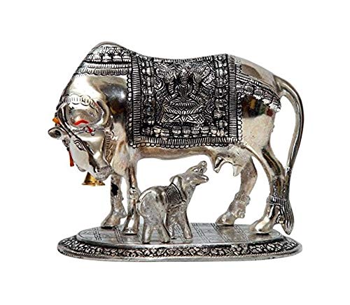 

Ashtadhatu Metal Kamdhenu Cow With Calf Idol, Brass, Silver-Gold - 4 Inch