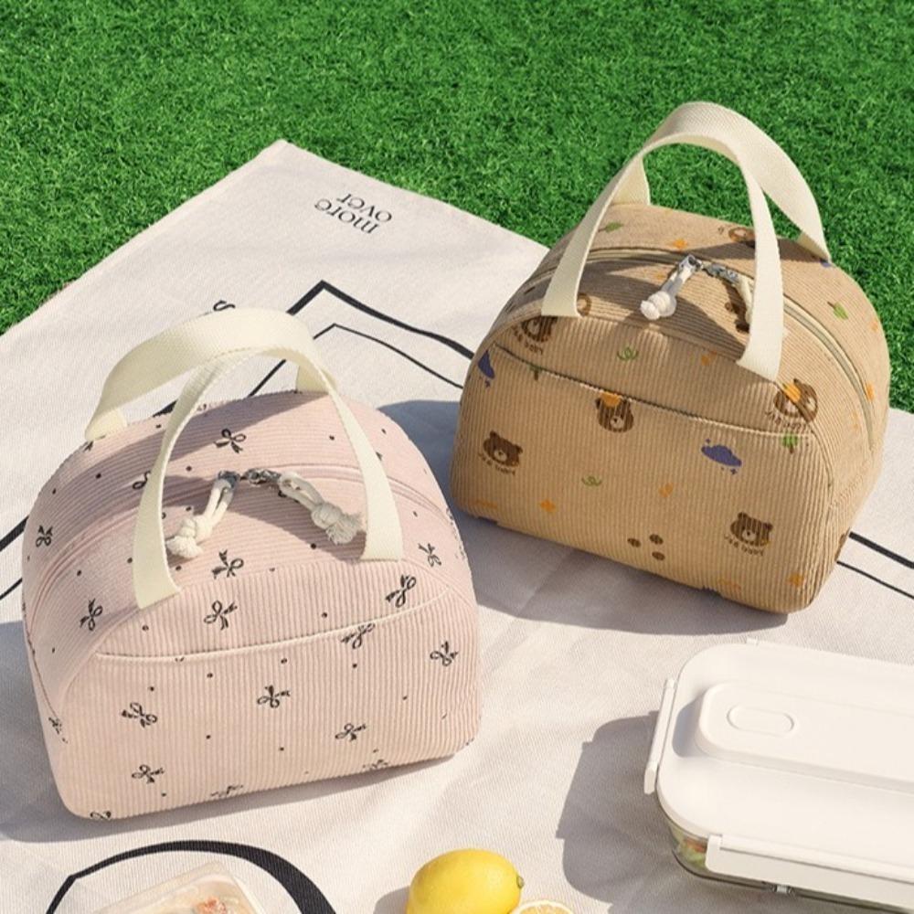 New Corduroy Lunch Bag Thermal Insulated Cute Bear Bow Picnic Food Pouch Multi-functional Storage Handbag for Outdoor Travel