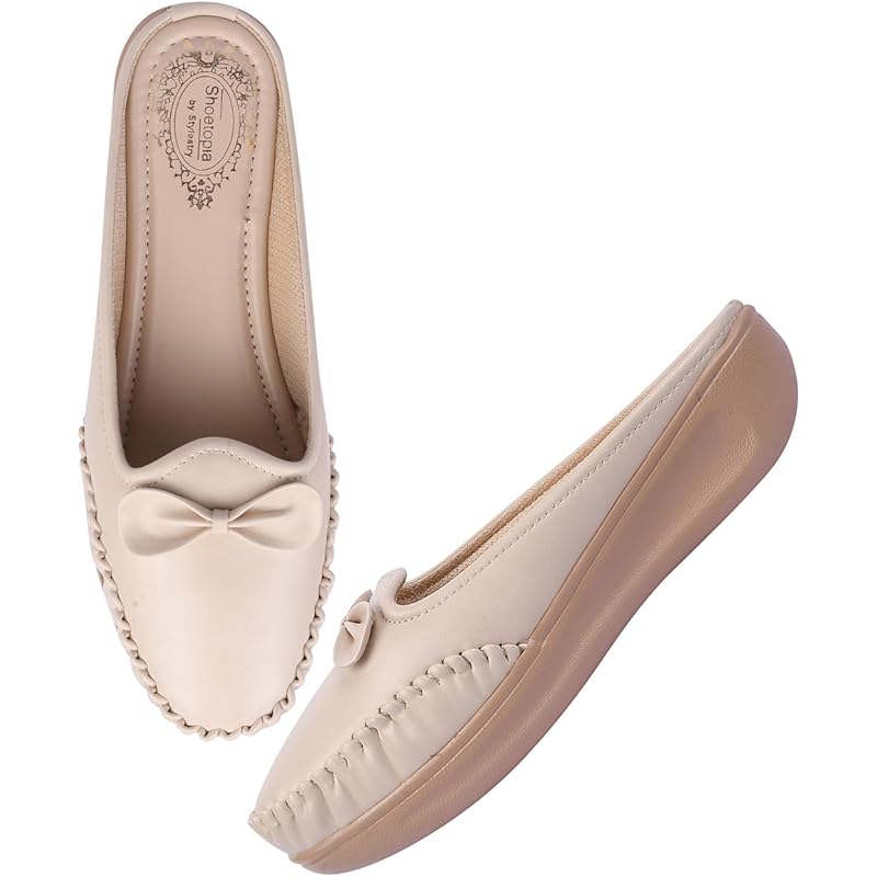 Shoetopia Stylish Comfortable Upper Bow Detailed Cream Slip-On Loafers for Girls-EU37