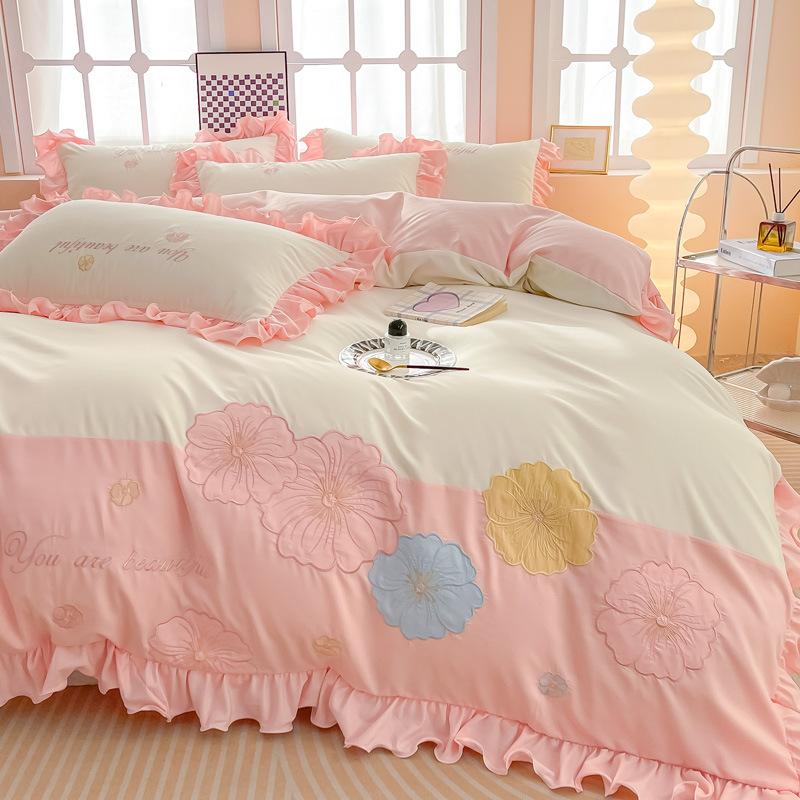Lace Princess Wind Four-piece Set Washed Cotton Bed Sheet Quilt Cover Embroidered Small Fresh Bedding