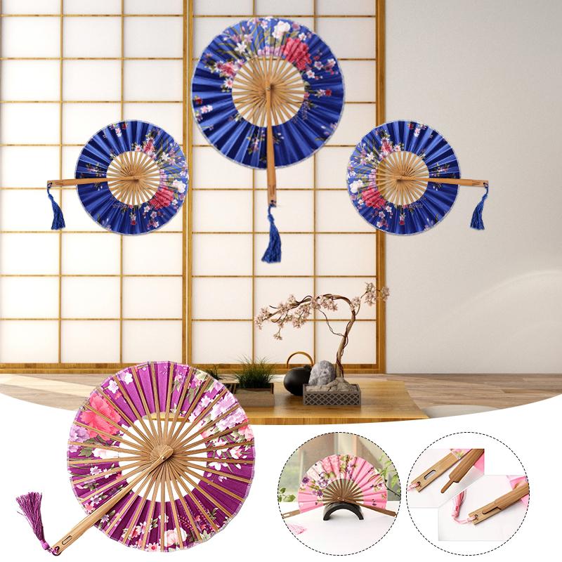 Japanese Sakura Flower Printed Fans Folding Fans Ancient Tassel Round Hand Fan Dance Performance Photo Prop Wedding Party Decor