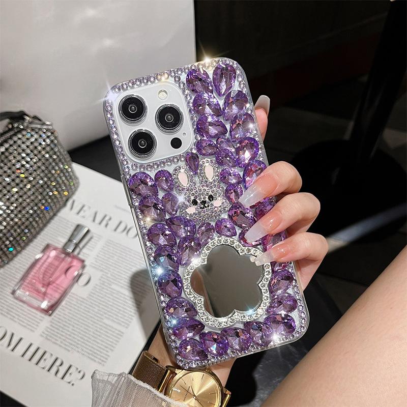 

Apple 17Promax Mobile Phone Case Rhinestone Mirror Flower For Iphone15 Love Rabbit Luxury 14 Full Diamond iPhone 17Promax