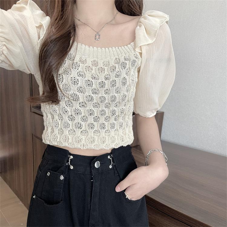 Moda Bükümlü Kare Yaka Kısa Kollu Örme Gömlek Kadın Yaz Tasarım Anlayışı Niş Kısa Kesim Şık Üstler Günlük Temel Slim Fit Kazaklar Tişörtler