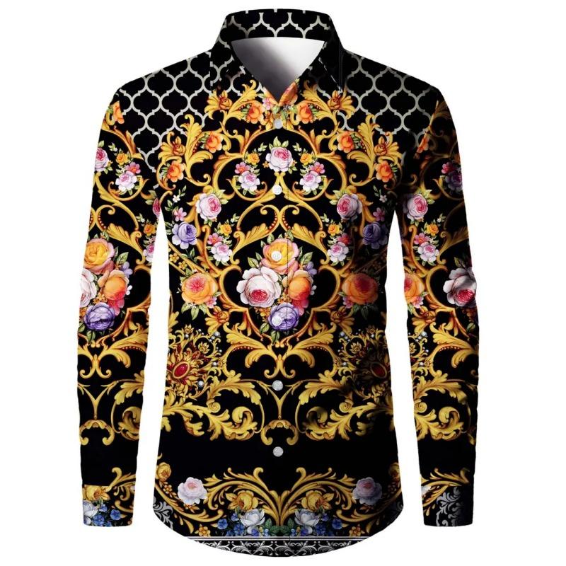 Men's Casual Long Sleeve Lapel Shirt Retro Ethnic Floral Print Fashion Loose Comfortable Long Sleeve Shirts for Man Simple Top