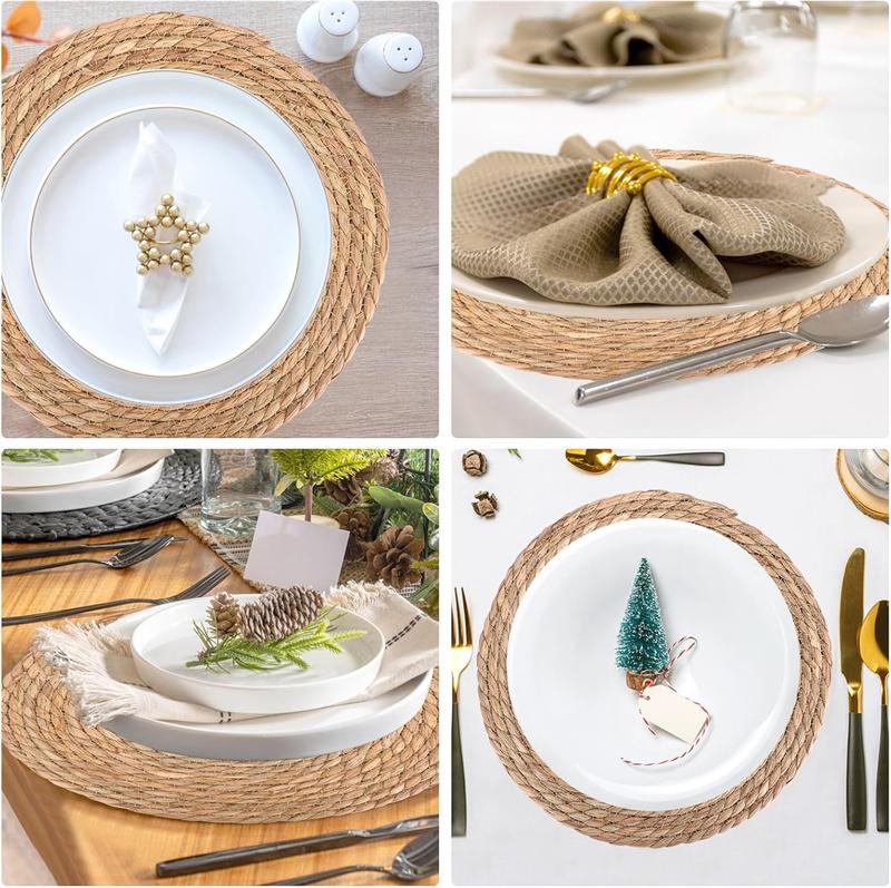 8 Stück Runde Gewebte Platzsets Set Natur Handgewebt Wasserhyazinthe Platzset Stroh Geflochtene Rattanmatten für Küche Esstisch