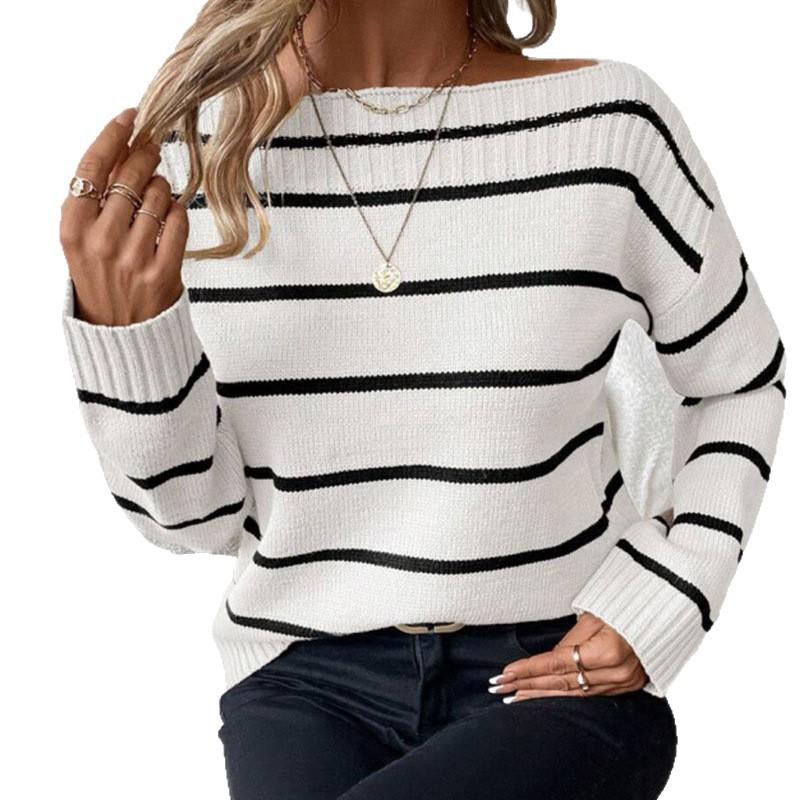 Womens Striped Knit Sweater Loose Fit Off-Shoulder Boat Neck Long Sleeve Winter Top
