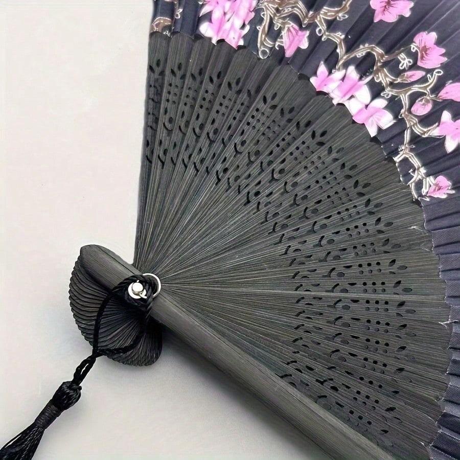 1pc Vintage Folding Fan, Sakura Design With Gradient Black To Purple Color, Tassel Detail, Traditional Chinese Hanfu Dance Accessory